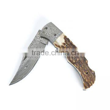High quality folding knife Damascus steel blade with Antler handle