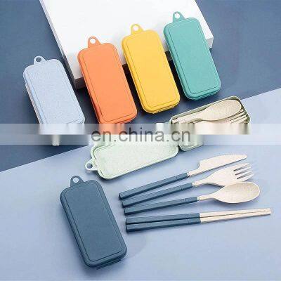 4Pcs Wheat Straw Dinnerware Set Portable Tableware Knife Fork Spoon Chopsticks Set Travel Cutlery Set Eco-Friendly Utensil Box