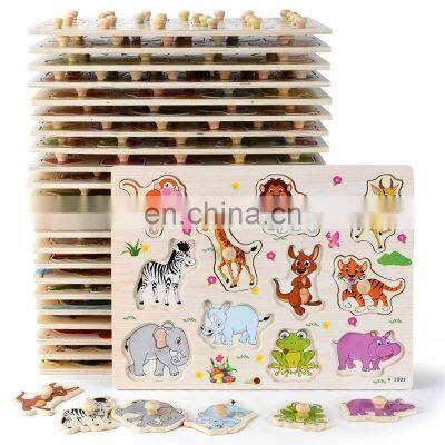 Kids 3D Wooden Puzzle Hand Grab Boards Toys Vehicle Animals Fruits Cognition Tangram Jigsaw Children Educational Montessori Toys