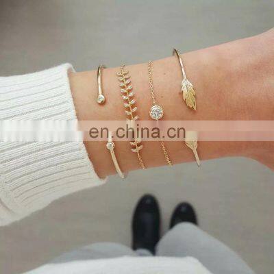 4Pcs/set Women Vintage Crystal Leaves Geometric Chain Gold Bracelet Set Bohemian Bracelets Jewelry