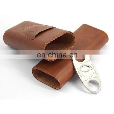 Cigar 3 Finger Pu Genuine Leather Cigar travel Case gift bx for cigar holder