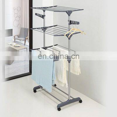 Wing-shaped Foldable Drying Rack Household Belt Wheel Movable Telescopic Three-layer Clothes Hanger