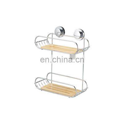 Two Tier Bathroom Storage Shelf Shower Caddy with Suction Cup Steel Wooden Shelves Corner Wall Mounted Rack