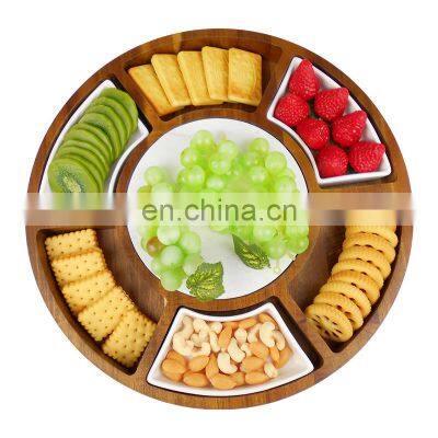 New Design Rotating Acacia Wood Round Serving Platter Cheese Board With 2 Knife Marble Plate 3 Ceramic Bowls