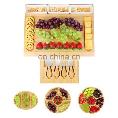 Bamboo Cheese Board Set Wood Charcuterie Platter Serving Tray With Cutlery In Slide-Out Drawer