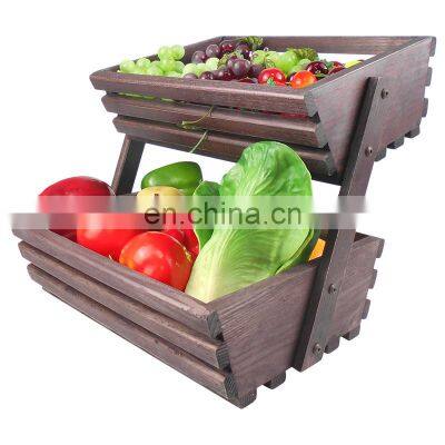 2-Tier Wood Countertop Fruit Basket For Kitchen Food Storage