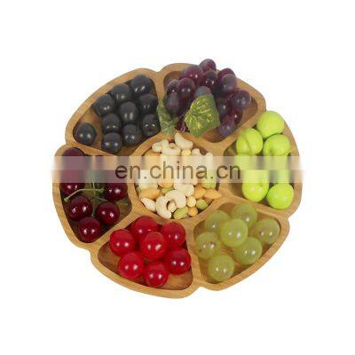 Bamboo service plate round party self dinner plate 7-section round nut candy fruit snack plate food serving tray with dividers