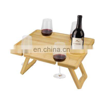 Outdoor Wine Picnic Table Large Folding Portable Bamboo Snack & Cheese Tray With 4 Wine Glasses Holder & Adjustable Wine Glass