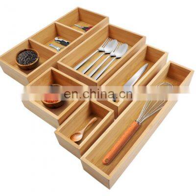 6-Piece 8 Compartments Bamboo Kitchen Drawer Organizer Adjustable Cutlery and Utensils Tray
