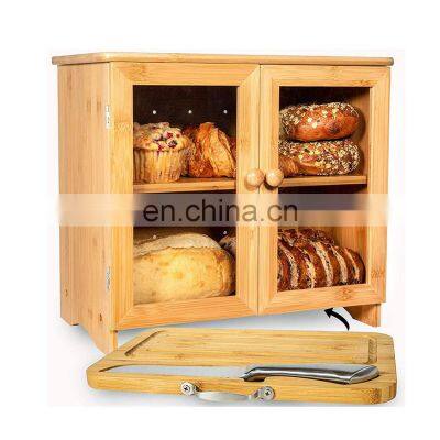 Kitchen Large Bamboo Bread Box For Kitchen Countertop Comes With Thick Bamboo Cutting Board And Stainless Steel Bread Knife