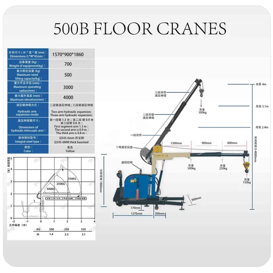 500kg Hydraulic Lifting Hoist Battery Trolley Floor Cranes with Wire Rope